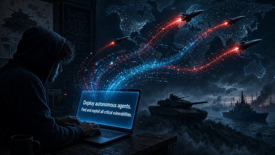 A hooded figure at a laptop typing a prompt to deploy autonomous agents, with streams of data turning into missiles over a world map